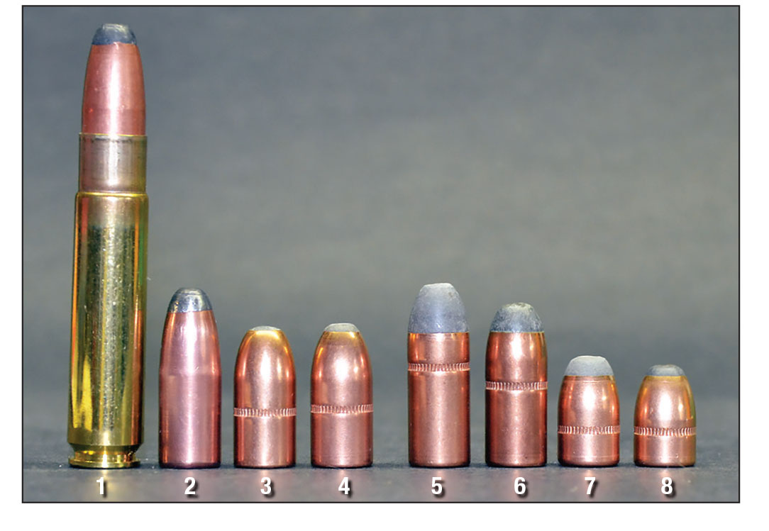 Chris Moen, the creator of the .411-284, developed load data for Hawk’s 350-grain bullet as well as the bonded and non-bonded versions of the 300-grain bullet made by William Noody of Northern Precision. The other bullets were included in this photo to illustrate other weights offered by Northern Precision: (1) .411-284 cartridge, (2) 350-grain Hawk, (3) 300-grain NP non-bonded, (4) 300-grain NP bonded, (5) 400-grain NP, (6) 350-grain NP, (7) 225-grain NP and (8) 200-grain NP.